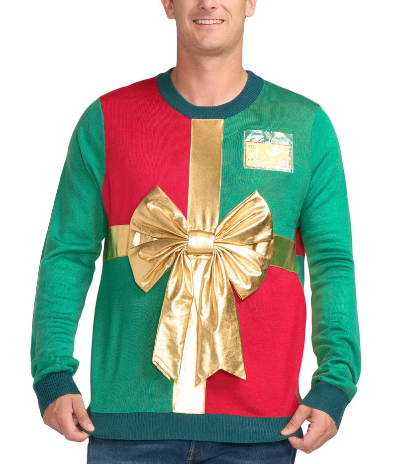 Tipsy Elves Men's Ugly Christmas Sweaters - Funny and Tacky Embellished Christmas Sweaters for Men - Red and Green Wrapping Paper Christmas Sweater with Gold Bow and Tag Size XX-Large - Image 1